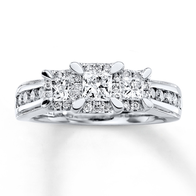 Main Image 1 of Previously Owned Three-Stone Engagement Ring 1 ct tw Diamonds Princess-cut 14K White Gold