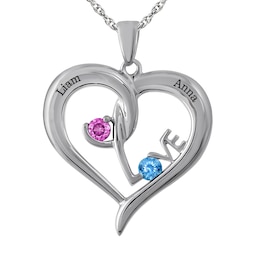 Birthstone Couple's "Love" Heart Necklace (2 Stones and Lines)