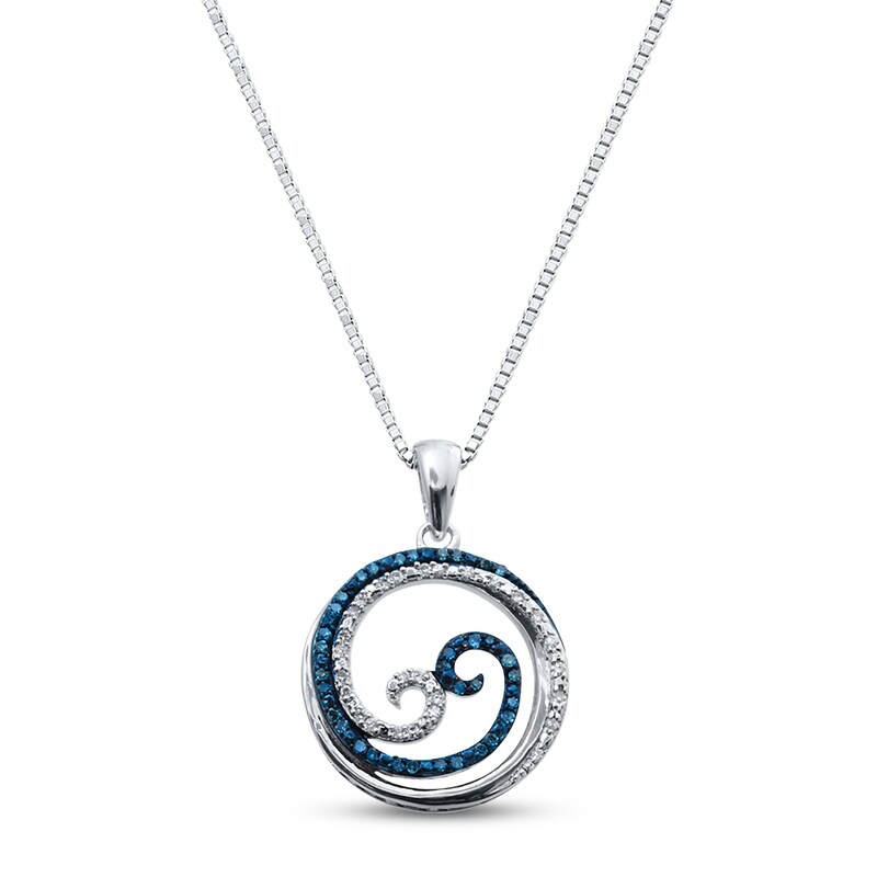Main Image 1 of Previously Owned Blue & White Diamond Waves Necklace 1/6 cttw Sterling Silver 18&quot;