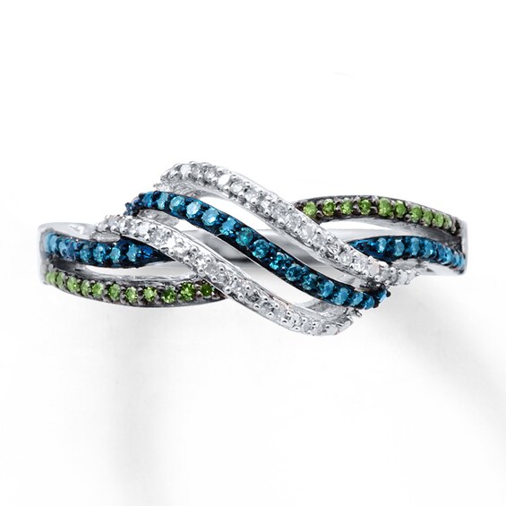 Previously Owned White, Blue, and Green Diamond Ring 1/6 ct tw Sterling Silver
