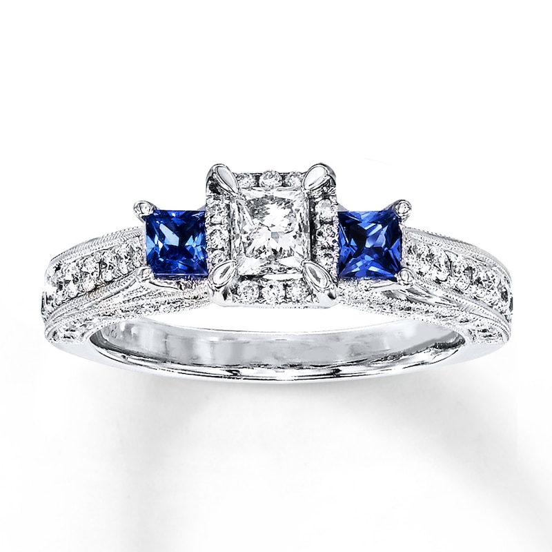 Main Image 1 of Previously Owned 3-Stone Diamond & Sapphire Ring 1 ct tw Princess-cut 14K White Gold