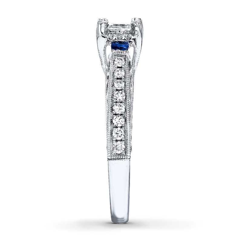 Main Image 3 of Previously Owned 3-Stone Diamond & Sapphire Ring 1 ct tw Princess-cut 14K White Gold