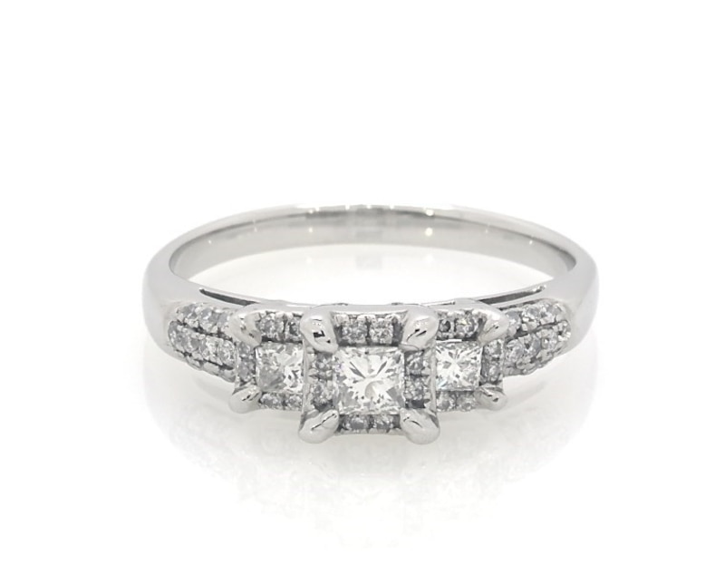 Main Image 1 of Previously Owned Princess & Round-Cut Diamond Engagement Ring 5/8 ct tw 14K White Gold