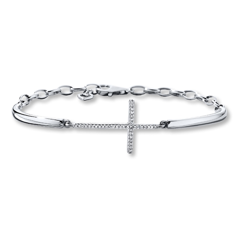Main Image 1 of Previously Owned Cross Bracelet 1/10 ct tw Diamonds Sterling Silver 7.75&quot;