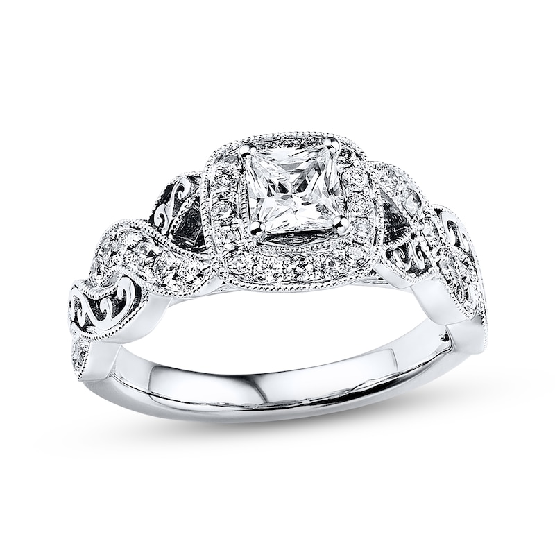 Main Image 1 of Previously Owned Diamond Engagement Ring 7/8 ct tw Princess & Round-cut 14K White Gold