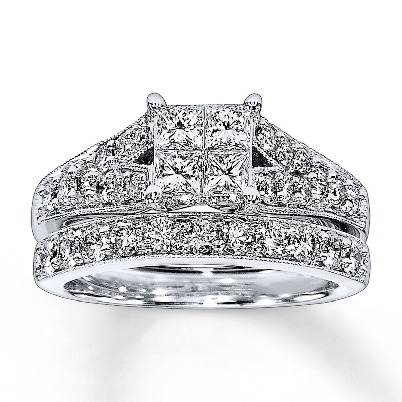 Main Image 1 of Previously Owned Diamond Bridal Set 1-1/2 ct tw Princess & Round-cut 14K White Gold