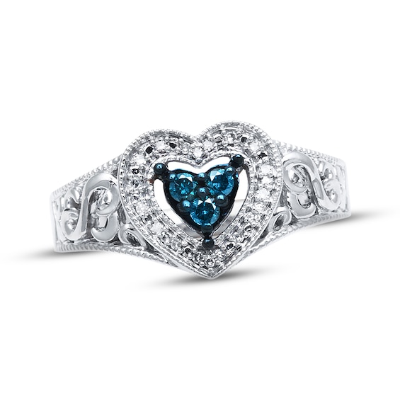 Previously Owned Blue & White Diamond Heart Ring 1/6 cttw Sterling Silver
