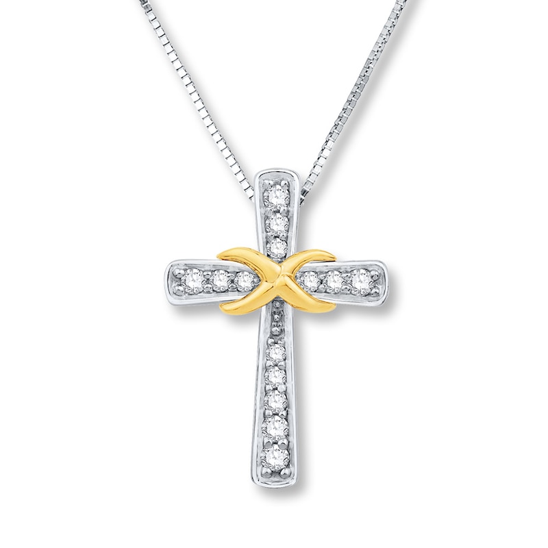 Main Image 1 of Previously Owned Cross Necklace 1/8 ct tw Diamonds Sterling Silver & 10K Yellow Gold