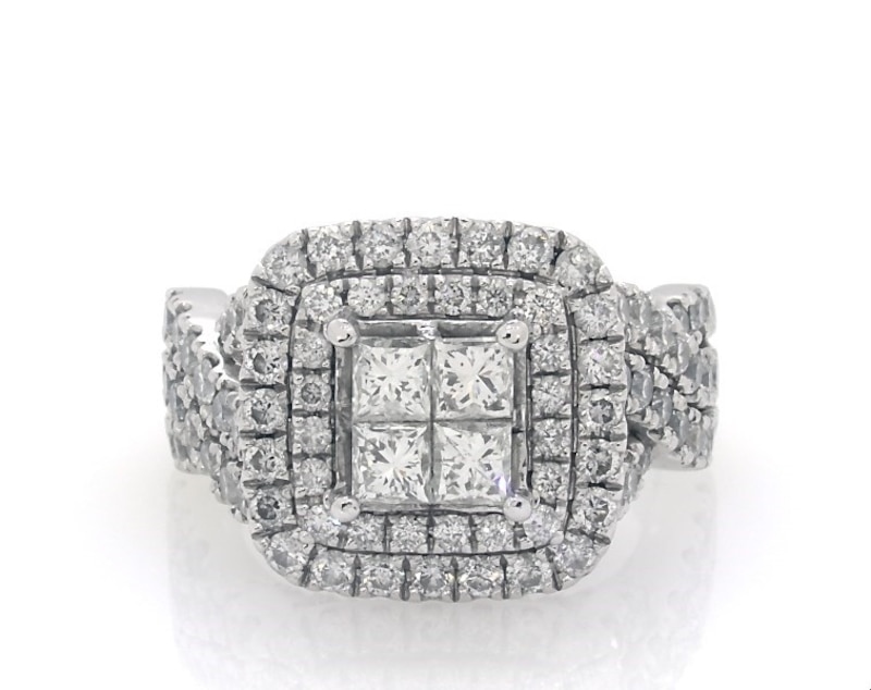 Main Image 1 of Previously Owned Princess-Cut Quad Diamond Halo Engagement Ring 2-7/8 ct tw 14K White Gold