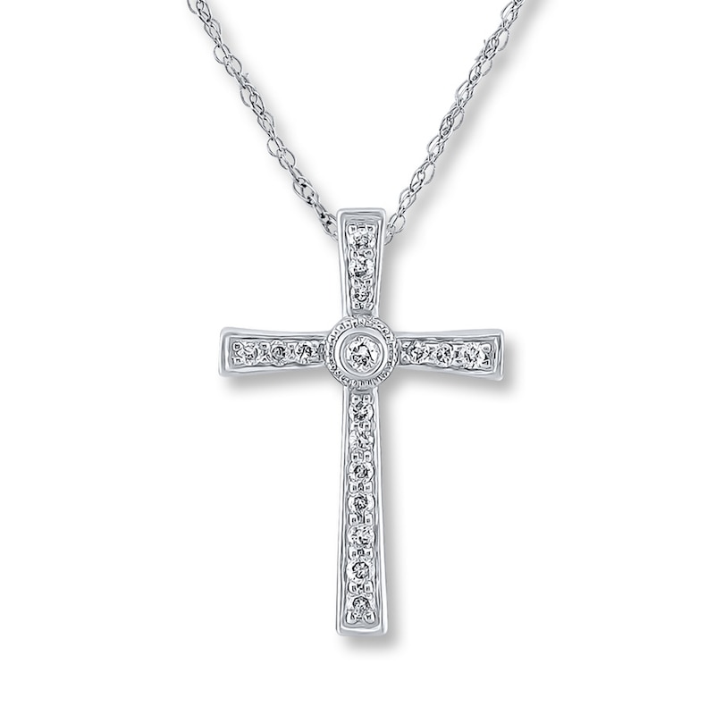 Main Image 1 of Previously Owned Diamond Cross Necklace 1/10 ct tw Round-cut 10K White Gold
