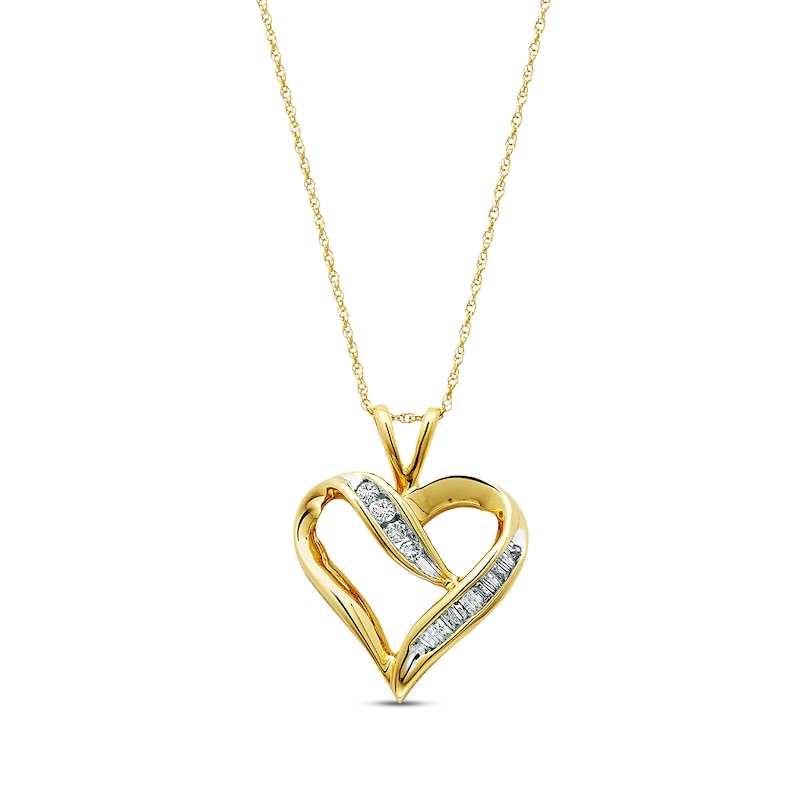 Main Image 1 of Previously Owned Baguette and Round-Cut Diamond Heart Necklace 1/4 carat tw 10K Yellow Gold