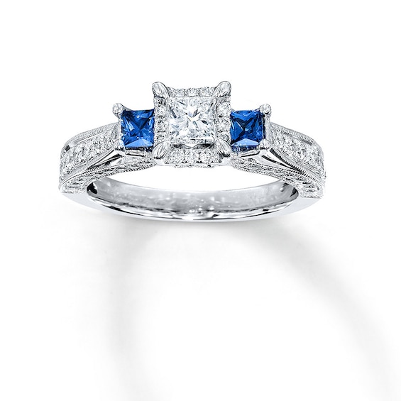 Previously Owned Diamond/Sapphire Ring 1 ct tw Princess & Round-cut 14K White Gold Size