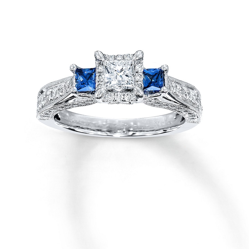 Main Image 1 of Previously Owned Diamond/Sapphire Ring 1 ct tw Princess & Round-cut 14K White Gold - Size 4.5