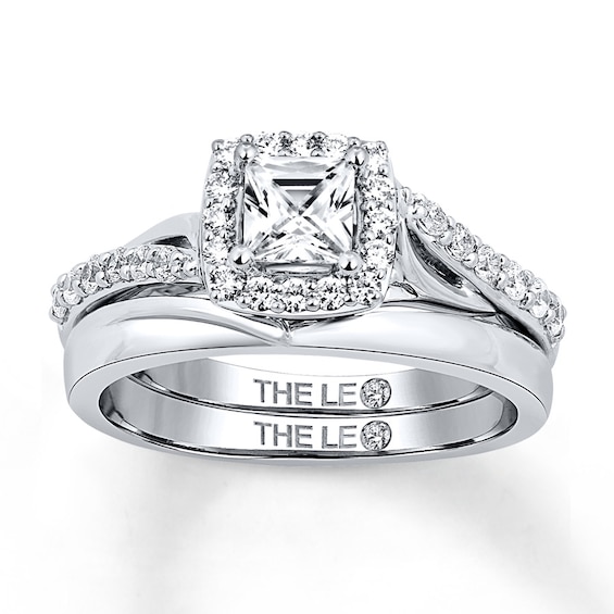Previously Owned Leo Diamond Bridal Set 7/8 ct tw Princess & Round-cut 14K White Gold Size 5
