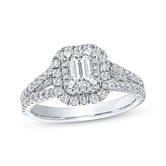 Previously Owned Diamond Ring 1-1/3 ct tw Emerald/Round-cut Diamonds 14K White Gold