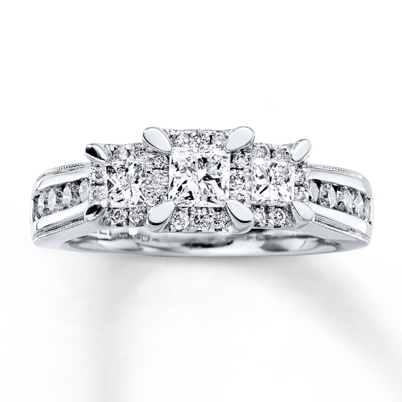 Main Image 1 of Previously Owned Three-Stone Ring 1 ct tw Princess & Round-cut Diamonds 14K White Gold - Size 9.5