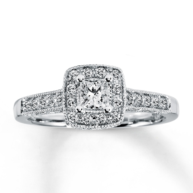 Previously Owned Engagement Ring 1/2 ct tw Princess & Round-cut Diamonds 14K White Gold - Size 4.75