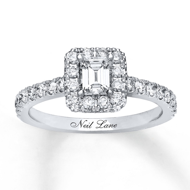 Main Image 1 of Previously Owned Neil Lane Engagement Ring 1 ct tw Emerald & Round-cut Diamonds 14K White Gold