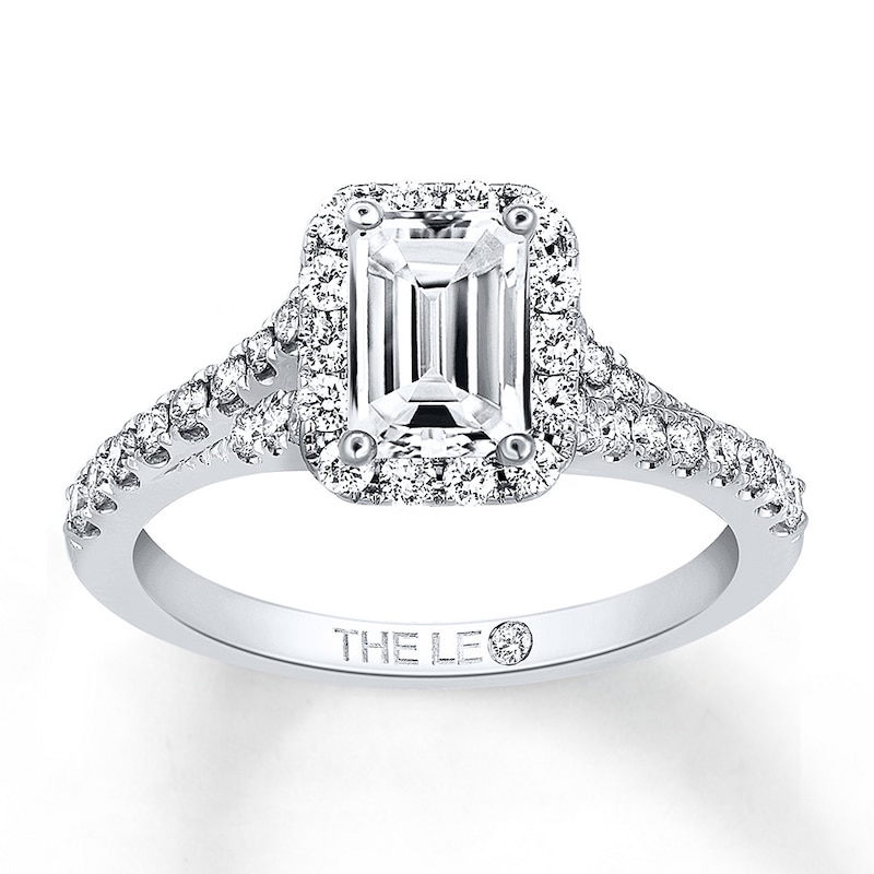 Previously Owned THE LEO Engagement Ring 1 ct tw Emerald & Round-cut Diamonds 14K White Gold