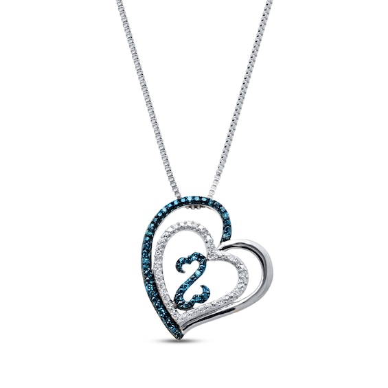 Previously Owned Double Heart Necklace Blue & White Diamonds 1/15 cttw Sterling Silver 18"