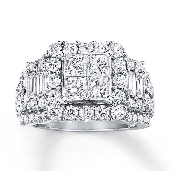 Previously Owned Diamond Engagement Ring 3-1/2 ct tw Princess, Round & Baguette-cut 14K White Gold Size 9