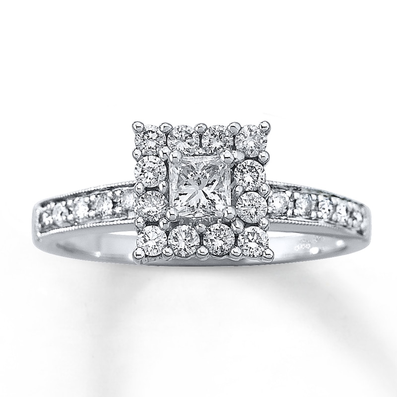 Main Image 1 of Previously Owned Engagement Ring 5/8 ct tw Princess & Round-cut Diamonds 14K White Gold - Size 10.5
