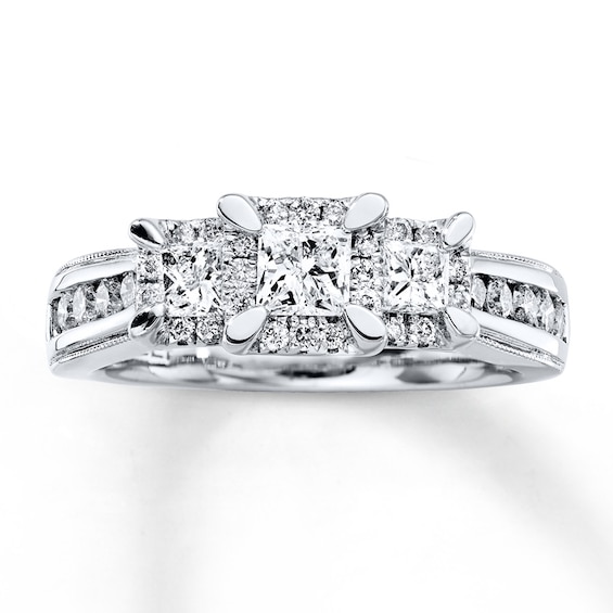 Previously Owned 3-Stone Ring 1 ct tw Princess & Round-cut Diamonds 14K White Gold - Size 9.75