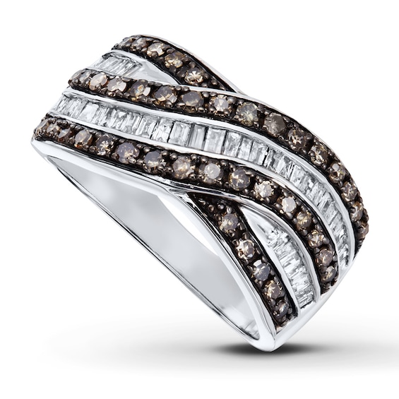 Previously Owned Brown/White Diamond Ring 3/4 ct tw Round/Baguette Sterling Silver
