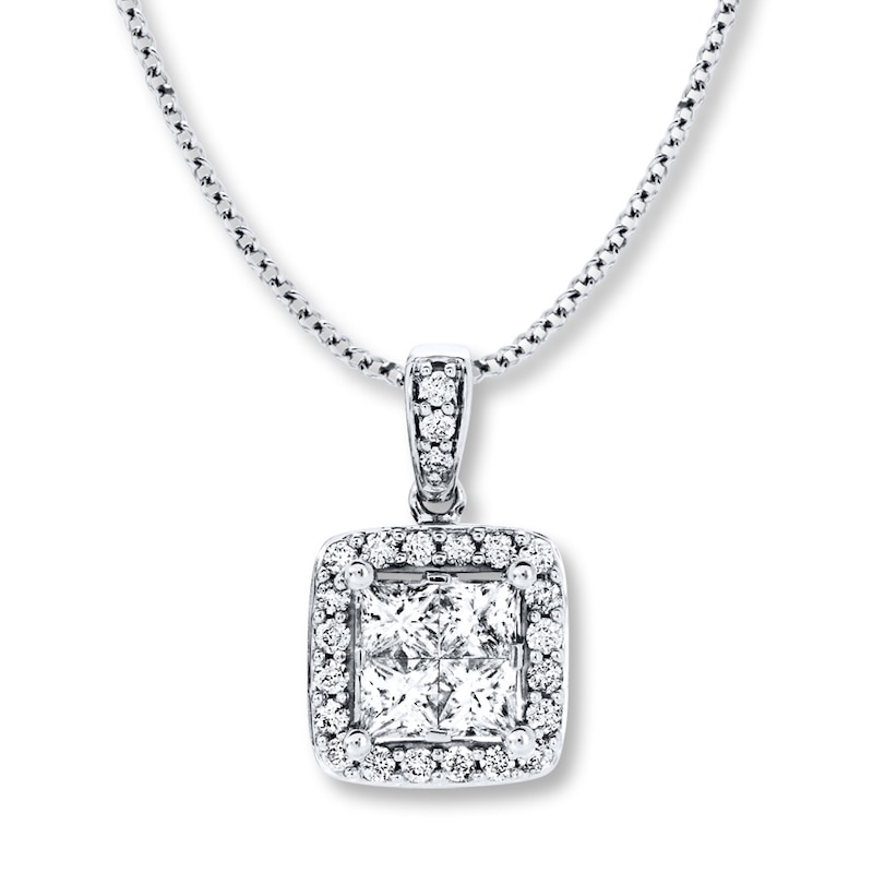 Main Image 1 of Previously Owned Diamond Necklace 1 ct tw Princess-cut & Round 14K White Gold