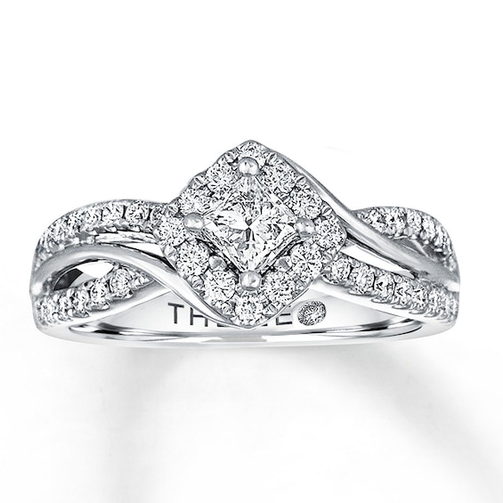 Previously Owned Leo Diamond Engagement Ring 3/4 ct tw Princess & Round-cut Diamonds 14K White Gold