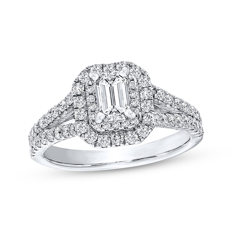 Previously Owned Diamond Ring 1-1/3 ct tw Emerald/Round-cut Diamonds 14K White Gold