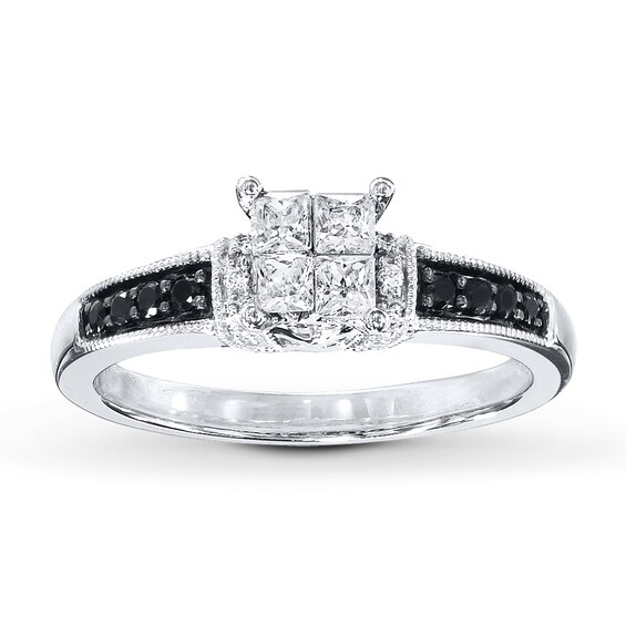Previously Owned Black & White Diamonds 1/2 ct tw Engagement Ring 10K White Gold Size 3.5