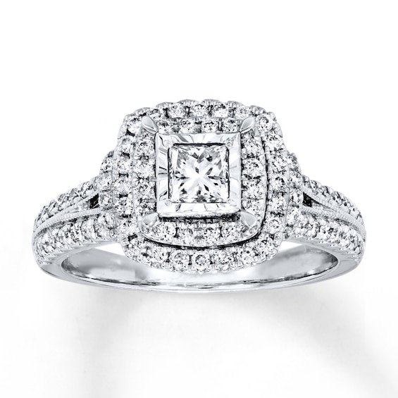 Previously Owned Engagement Ring 1 ct tw Princess & Round-cut Diamonds 14K White Gold Size 4.5