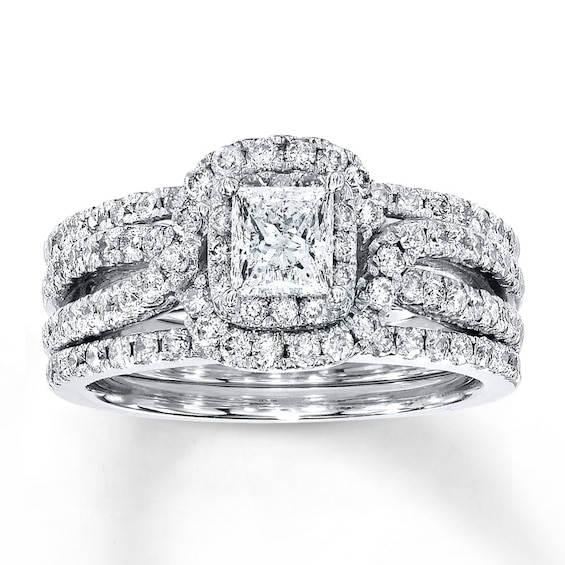 Previously Owned Diamond Bridal Set 1-1/2 ct tw Princess & Round-cut 14K White Gold Size 8.5