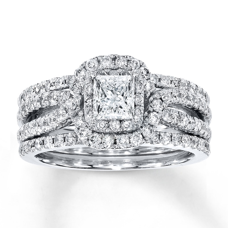 Main Image 1 of Previously Owned Diamond Bridal Set 1-1/2 ct tw Princess & Round-cut 14K White Gold - Size 8.5