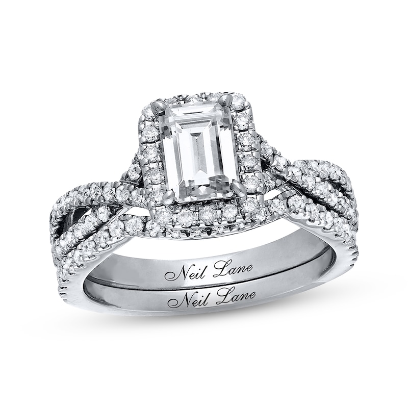 Main Image 1 of Previously Owned Neil Lane Diamond Bridal Set 1-3/4 ct tw Emerald & Round-cut 14K White Gold