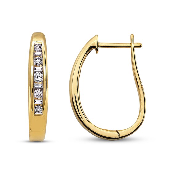 Previously Owned Diamond Hoop Earrings 1/4 ct tw Round & Baguette-cut 14K Yellow Gold