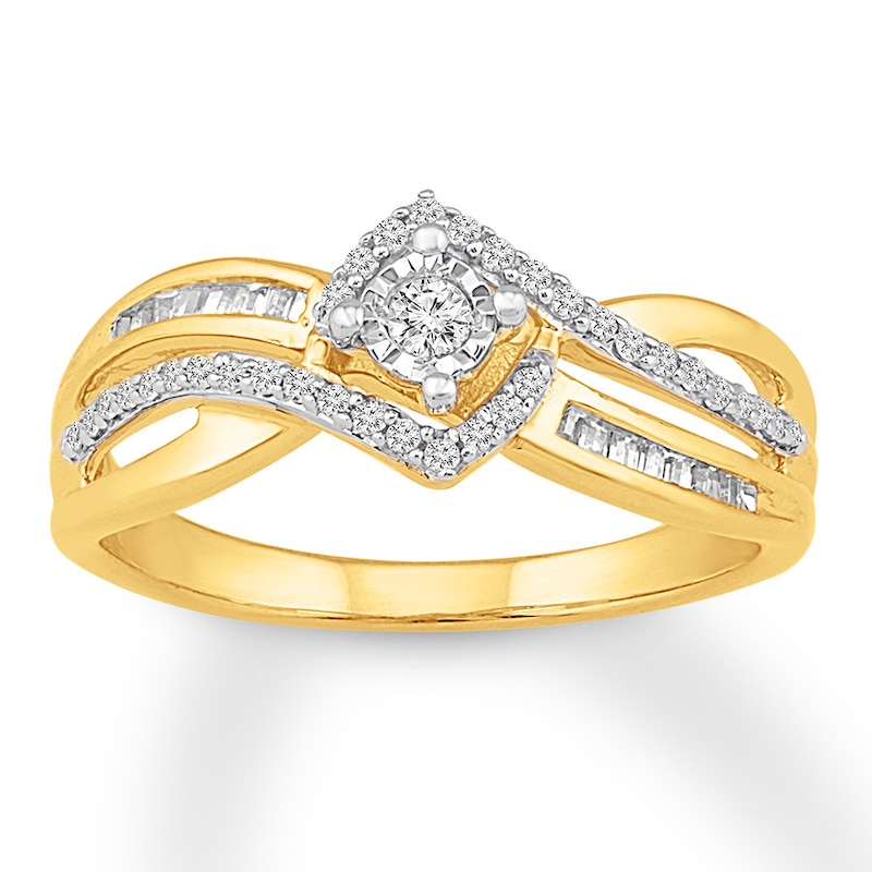 Main Image 1 of Previously Owned Diamond Promise Ring 1/4 ct tw Round & Baguette-cut 10K Yellow Gold