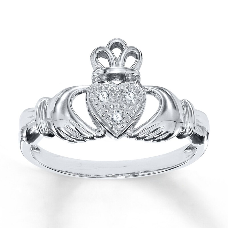 Main Image 1 of Previously Owned Diamond Claddagh Ring Diamond Accents Round-cut 10K White Gold - Size 10