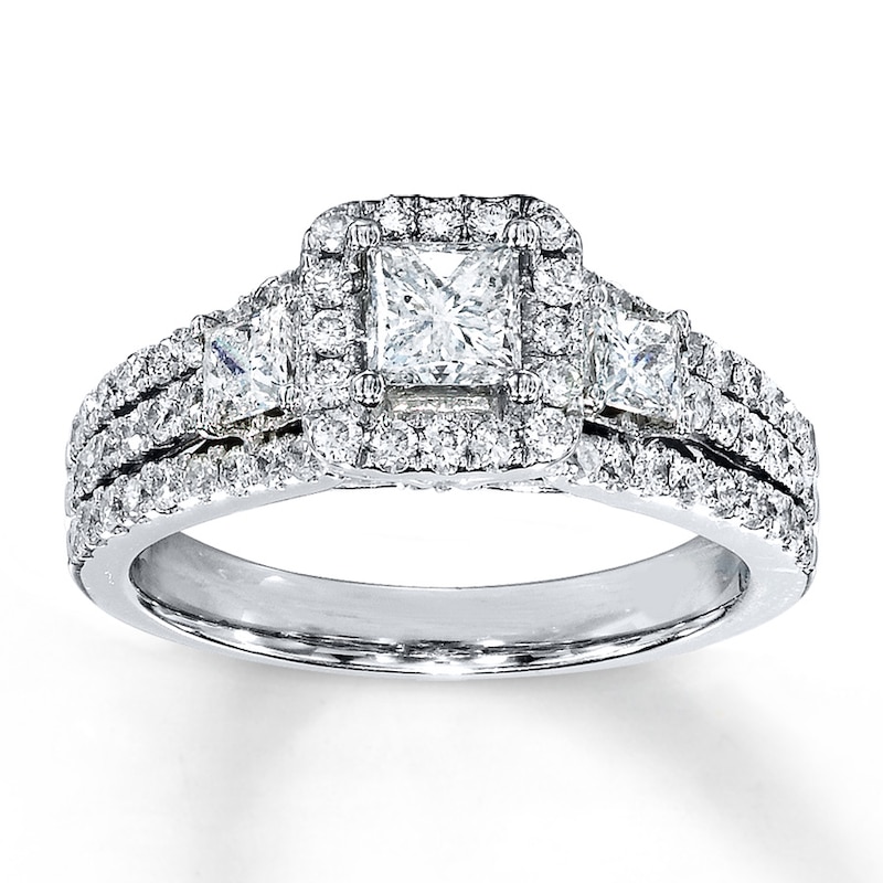 Main Image 1 of Previously Owned 3-Stone Diamond Ring 1-1/2 ct tw Princess & Round-cut 14K White Gold - Size 10.5