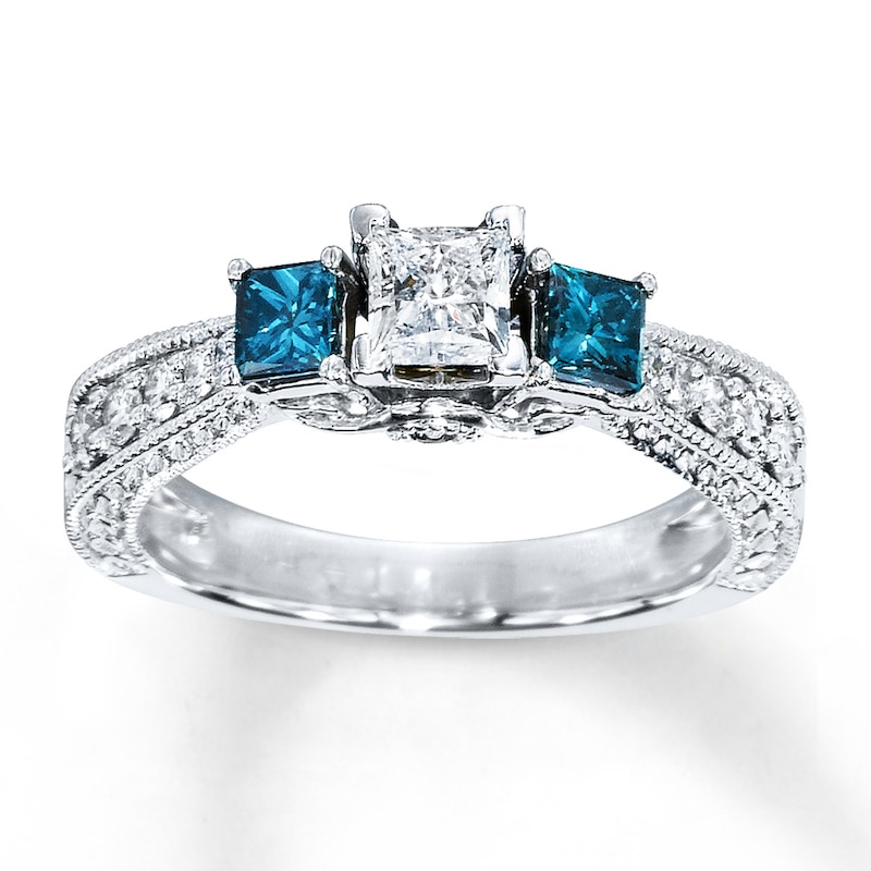Main Image 1 of Previously Owned Blue Diamond Engagement Ring 1 ct tw Princess & Round-cut 14K White Gold - Size 8