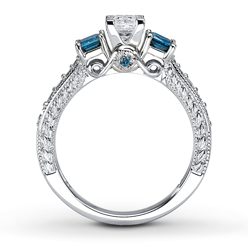 Main Image 2 of Previously Owned Blue Diamond Engagement Ring 1 ct tw Princess & Round-cut 14K White Gold - Size 8