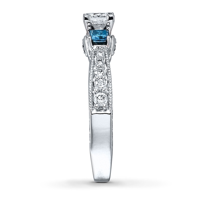 Main Image 3 of Previously Owned Blue Diamond Engagement Ring 1 ct tw Princess & Round-cut 14K White Gold - Size 8