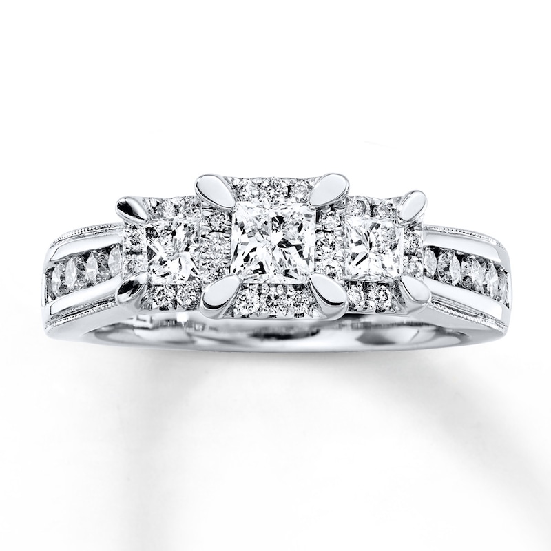 Previously Owned Three-Stone Ring 1 ct tw Princess & Round-cut Diamonds 14K White Gold - Size 2.5