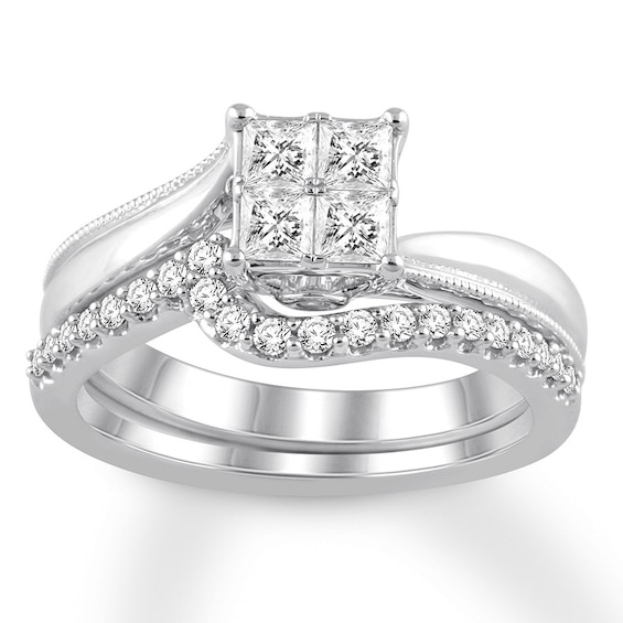 Previously Owned Diamond Bridal Set 5/8 ct tw Princess & Round-cut 14K White Gold Size 8