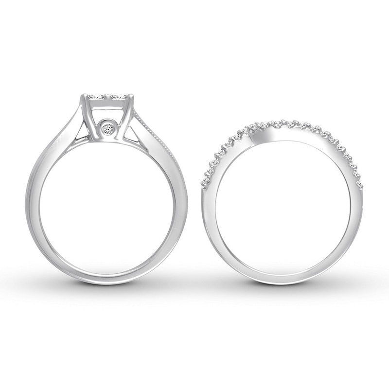 Main Image 3 of Previously Owned Diamond Bridal Set 5/8 ct tw Princess & Round-cut 14K White Gold - Size 8