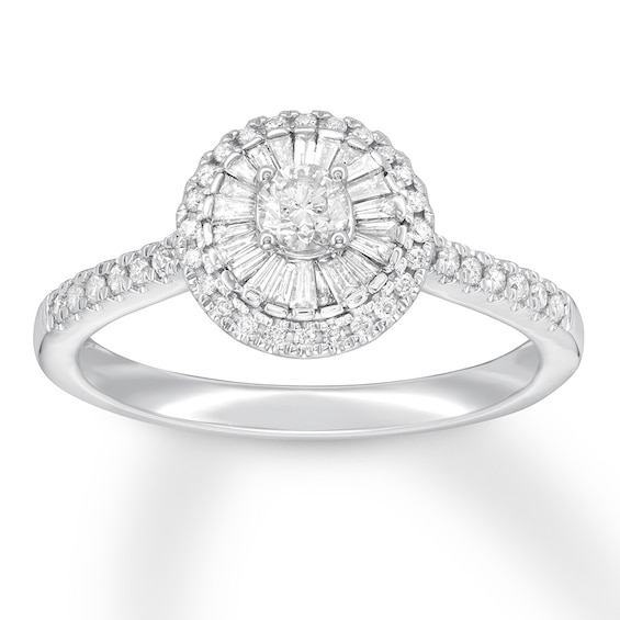 Previously Owned Diamond Engagement Ring 1/2 ct tw Round & Baguette 14K White Gold Size 9.75