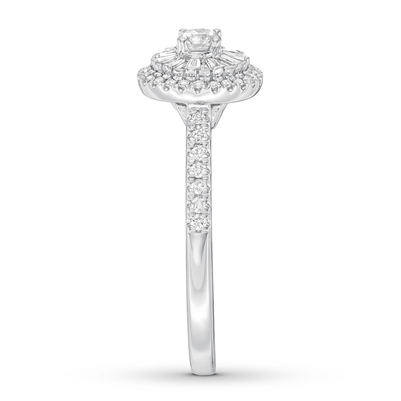 Main Image 3 of Previously Owned Diamond Engagement Ring 1/2 ct tw Round & Baguette 14K White Gold Size 9.75