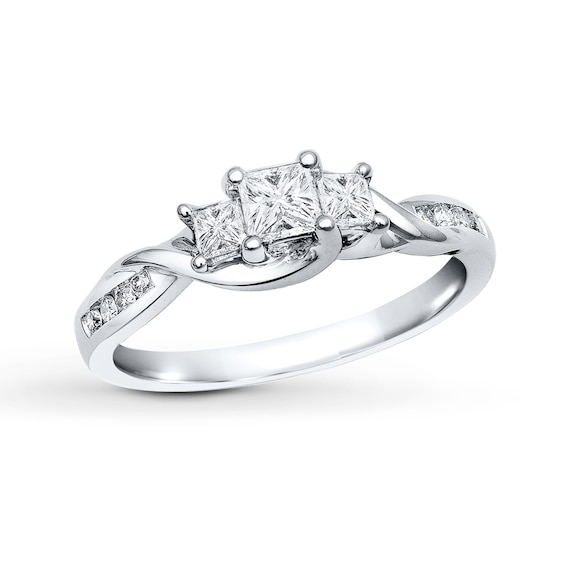 Previously Owned Diamond 3-Stone Engagement Ring 1/2 ct tw Princess & Round-cut 14K White Gold Size 8.25