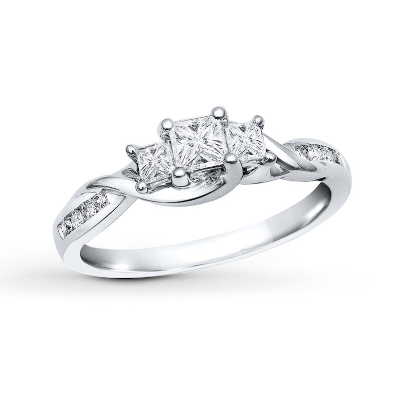 Main Image 1 of Previously Owned Diamond 3-Stone Engagement Ring 1/2 ct tw Princess & Round-cut 14K White Gold - Size 8.25